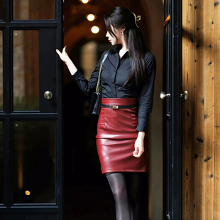 PU皮质中裙 直筒皮裙时尚 中高腰包臀修身 皮半身裙气质OL范春夏新品