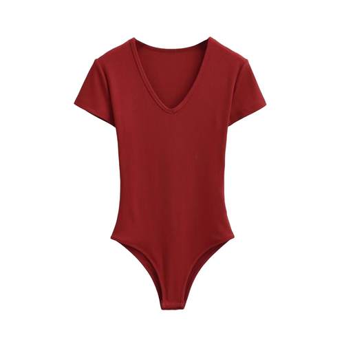 欧美风修身弹力连裆V领连身女T恤