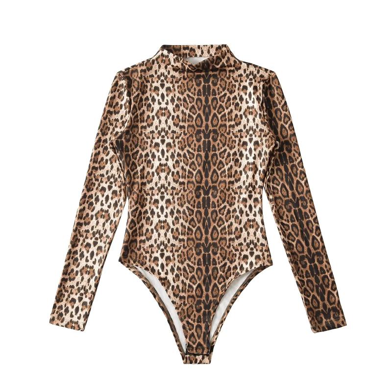 长袖豹纹花色连裆时尚辣妹女T恤