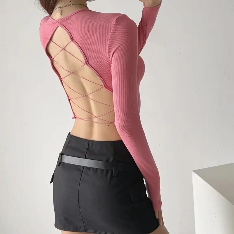 长袖欧美镂空交叉绑带大露背T恤