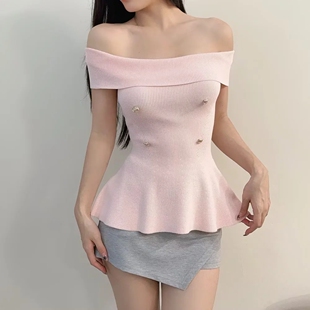 一字领甜辣小清新露肩上衣 下摆裙摆女针织衫 纯欲风修身 一字肩短袖