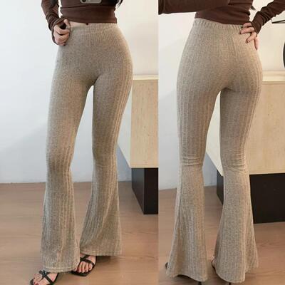 弹力修身针织纹路包臀喇叭女长裤