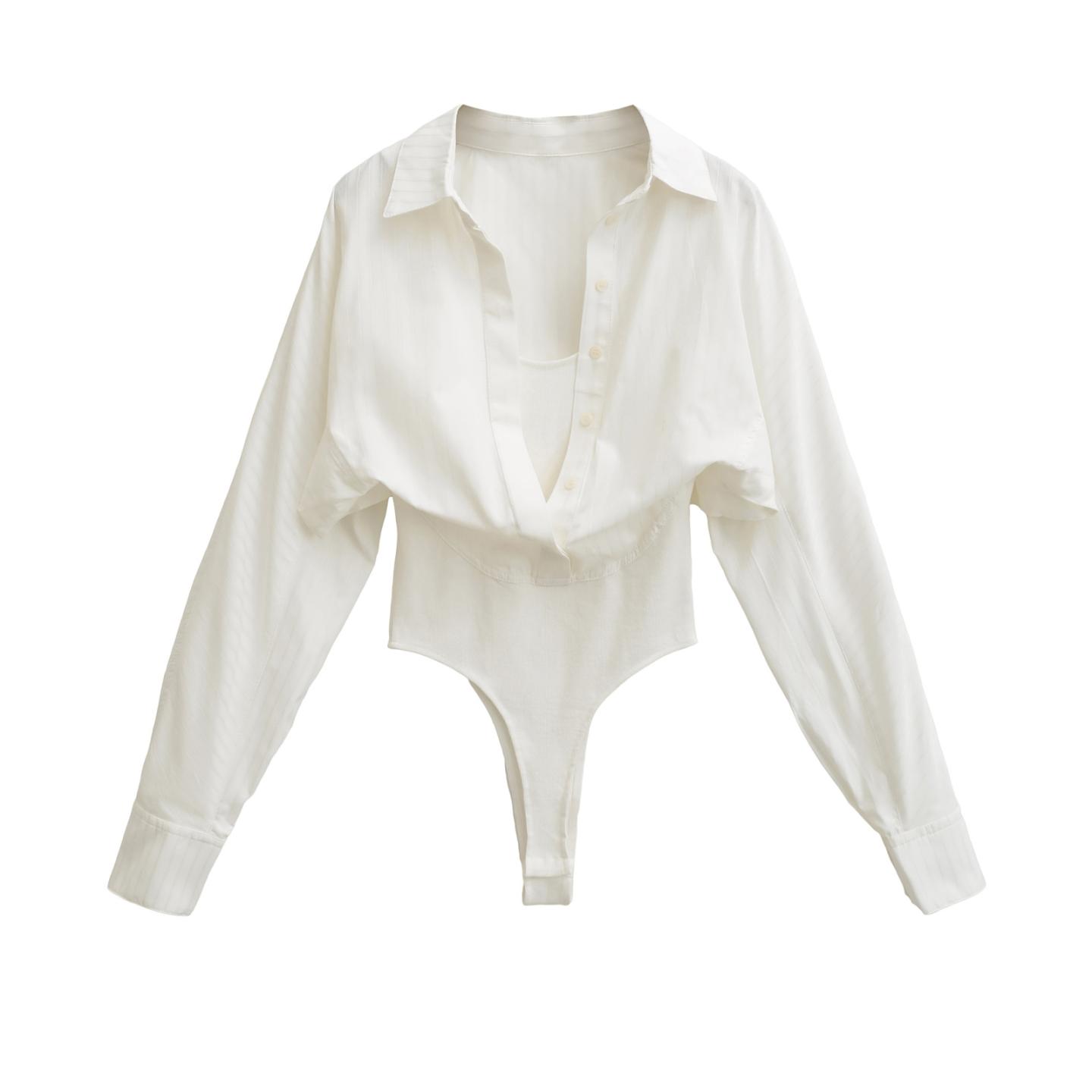 欧美风辣妹连裆长袖背心拼接衬衫