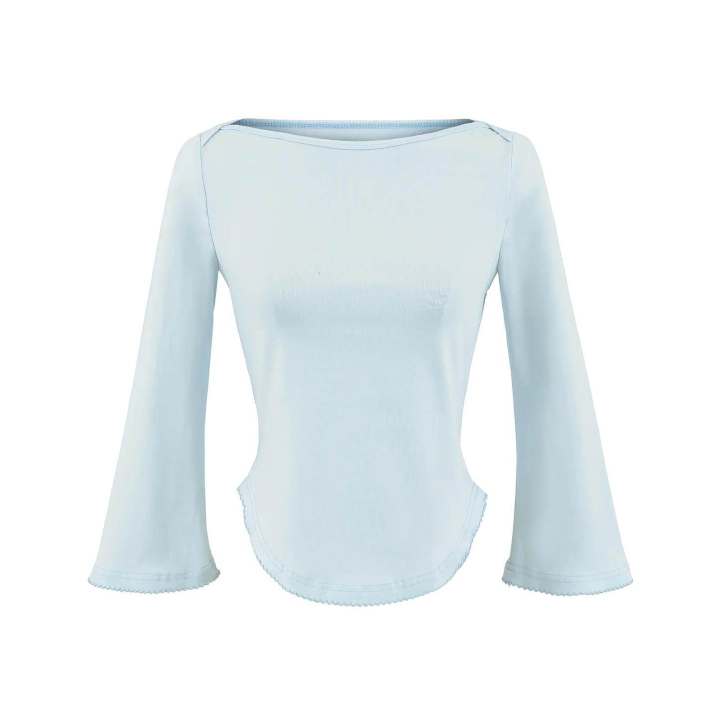 一字领包肩大领口七分袖喇叭袖女T恤亲肤花边绣花边打底衫单上衣