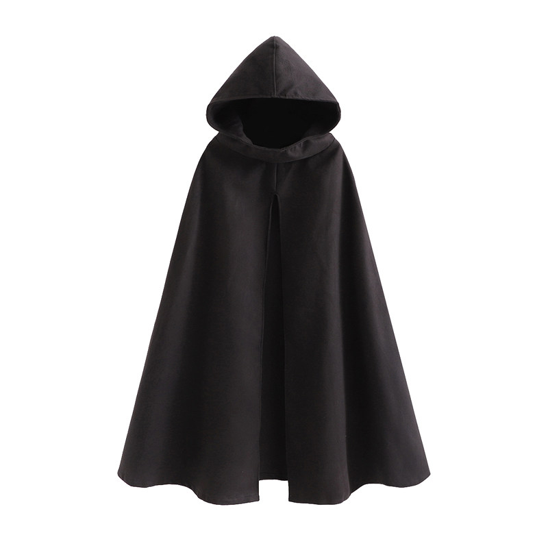欧美风秋冬新品加厚连帽外套巫师帽暗黑中长款大码黑色斗篷大袍子