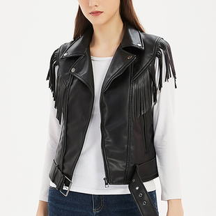 马夹春秋新品 时尚 欧美街拍pu皮无袖 流苏摇滚女皮马甲短款 坎肩 个性