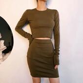 气质露腰性感欧美二件套上衣Q 夏秋新品 弹力修身 包臀半身裙T恤套装