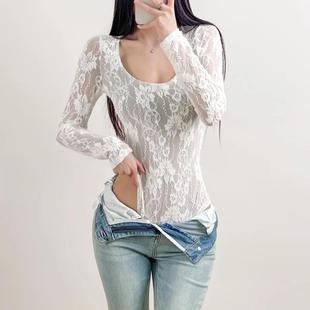 女T恤低圆领弹力连裆连身按扣打底衫 欧美风辣妹时尚 蕾丝钩花长袖