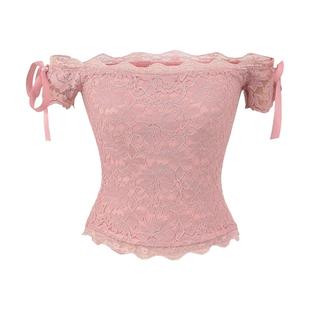 纯欲风一字肩修身 蕾丝女T恤弹力辣妹系带一字领高腰网纱上衣 短袖