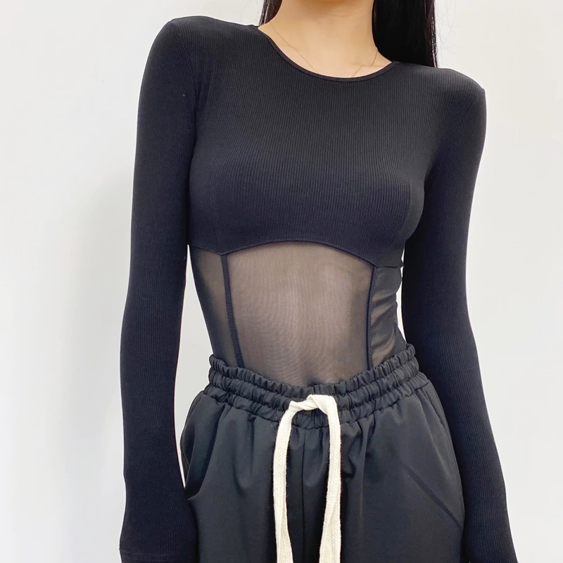 长袖辣妹夏季新品腰部拼网女上衣