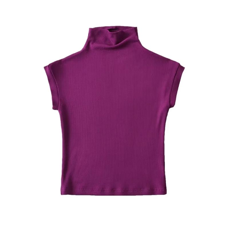 无袖欧美纯欲风半高领修身女T恤