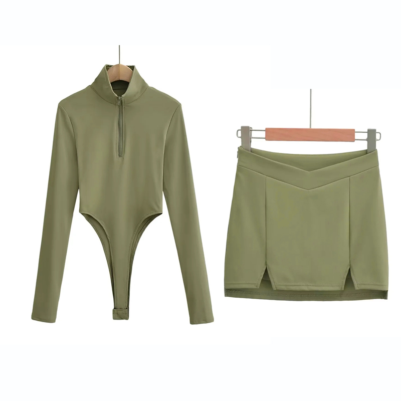 欧美风高叉拉链连体长袖半身裙套装气质时尚连身衣女包臀裙二件套