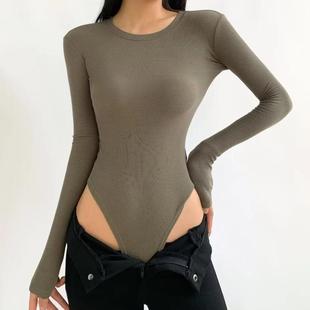 欧美圆领修身 上衣 磨毛微绒暖感保暖连裆打底T恤弹力连身连体长袖