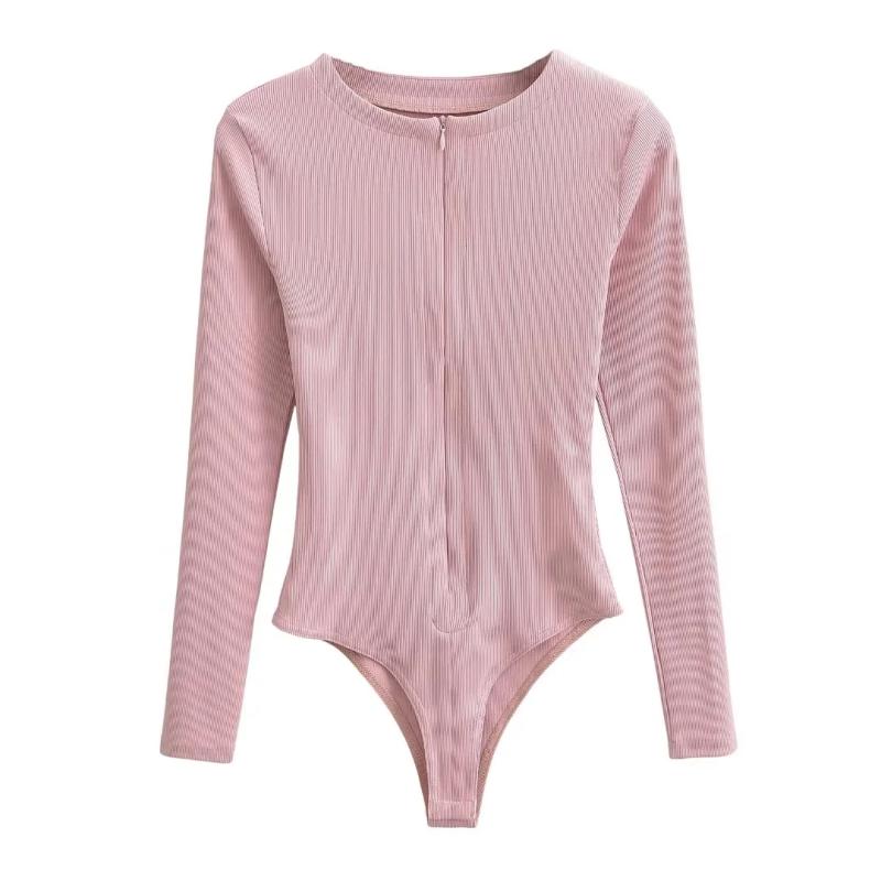 长袖欧美圆领拉链紧身连裆女T恤