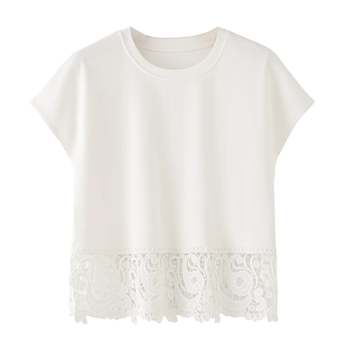 夏季新品短袖直筒宽松大码圆领女T恤拼接下摆蕾丝网纱露腰ins罩衫