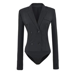 连裆女T恤拼接连体有垫肩双排扣连身打底衫 领长袖 西装 欧美风时尚
