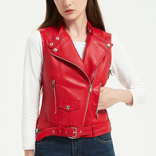 pu皮马甲时尚 坎肩短款 修身 立领无袖 肩章显瘦红色马夹 女装 秋冬薄款