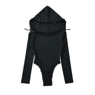 纯欲一字肩长袖 弹力连身连体上衣 连帽连裆女T恤花边蕾丝拼接修身