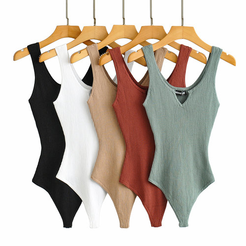 欧美风V领修身连体连裆针织背心