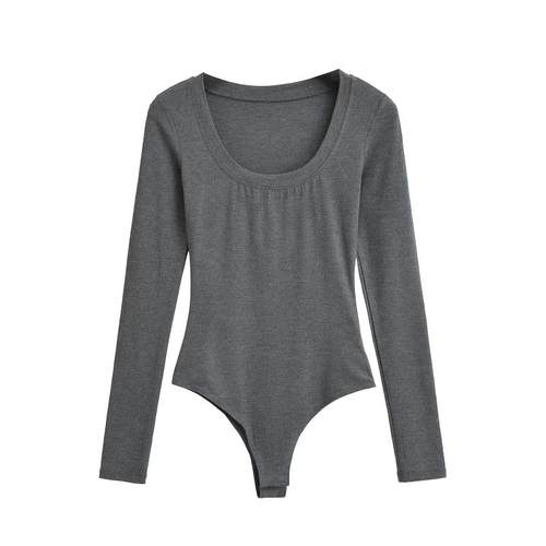 长袖欧美低领大圆领连体连裆T恤