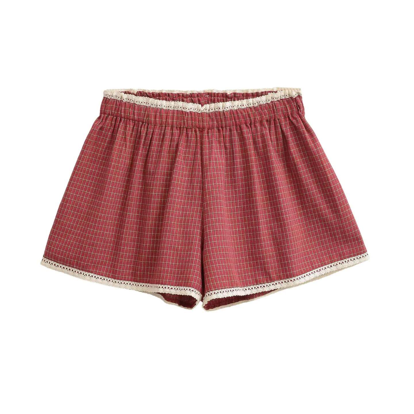 拼蕾丝花边格子女短裤夏季小清新休闲森林感阔腿裤三分百搭小热裤