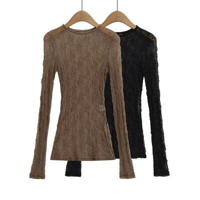 欧美混纺编织网纱修身长袖女T恤