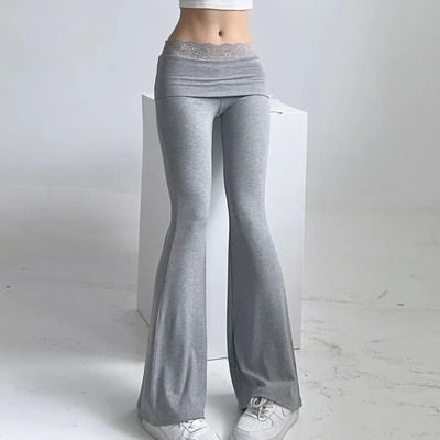 翻腰拼接蕾丝修身长裤子女喇叭裤