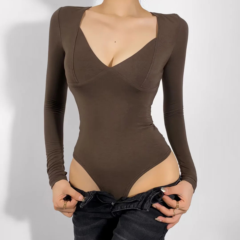 长袖欧美风拼接深V领连裆连体T恤