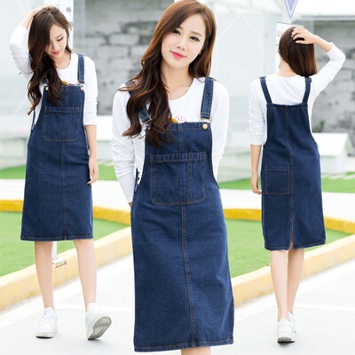 宽松大码牛仔做旧色深蓝色背心裙