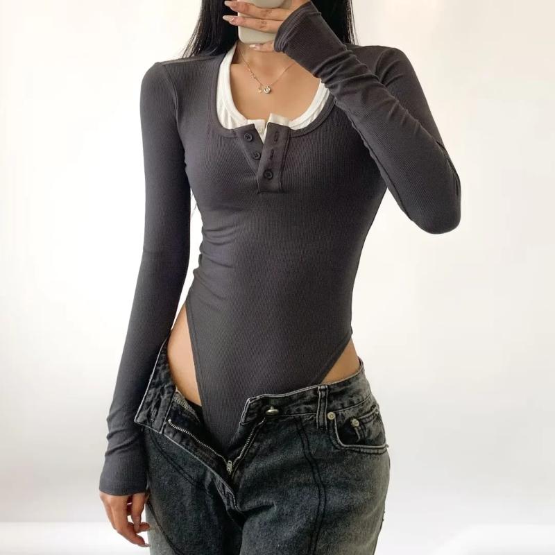 长袖欧美假两件连裆连体弹力T恤