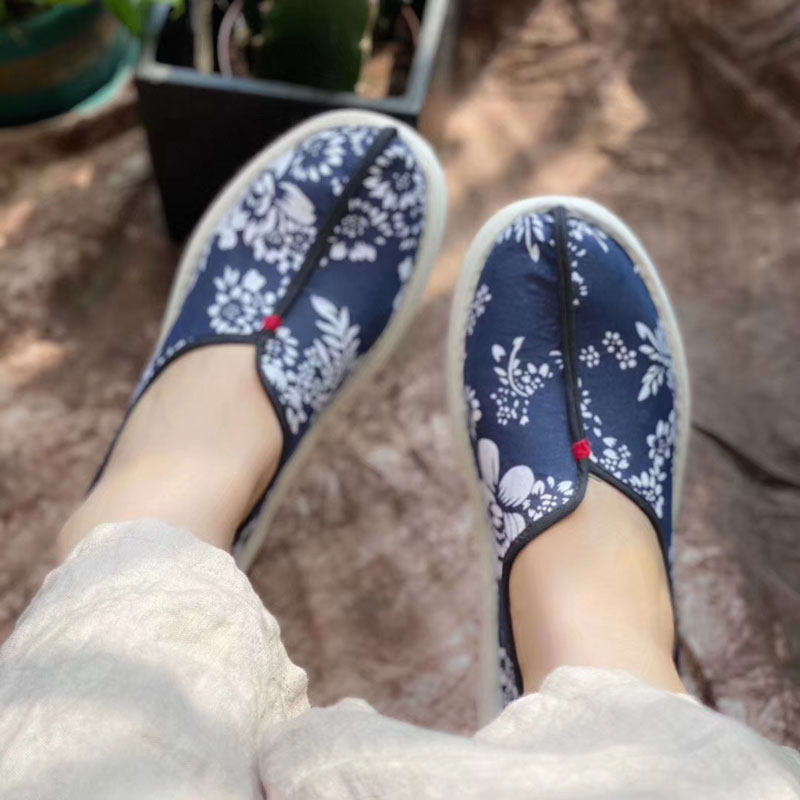 纯手工中式风植物花卉老布鞋女一脚蹬透气养脚千层底民族风汉服鞋
