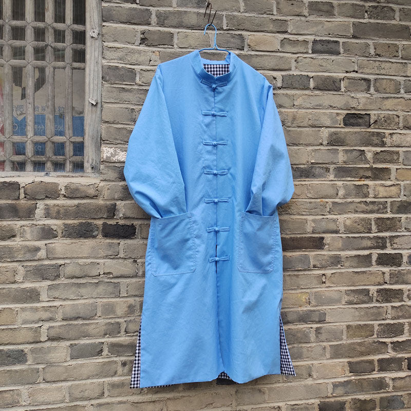 春秋中式复古盘扣长袍男女蓝色亚麻棉防风保暖双层风衣中长款外套