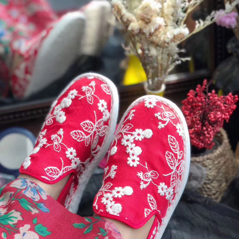 纯手工民族风千层底老布鞋女红色花朵刺绣儿童汉服鞋透气养脚吸汗