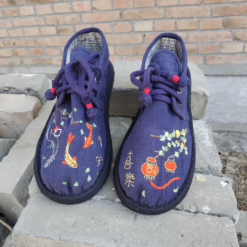 纯手工绣花千层底老布鞋女士复古春秋中帮圆头平底系带汉服鞋儿童