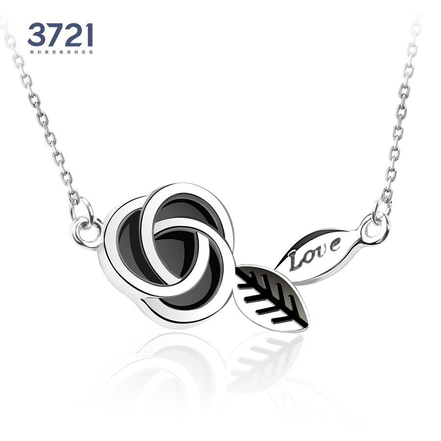 银匠世家挚爱玫瑰925银镶嵌黑色玛瑙滴胶日韩版简约大气时尚项链