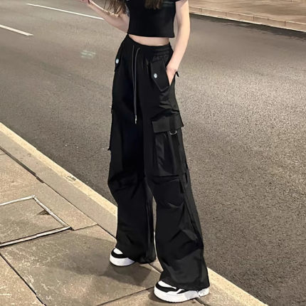 黑色工装裤女款春秋2026新款小个子美式复古速干宽松直筒阔腿裤夏