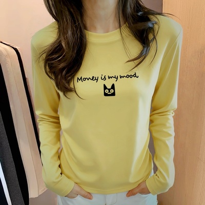 长袖t恤女黄色卡通印花圆领内搭