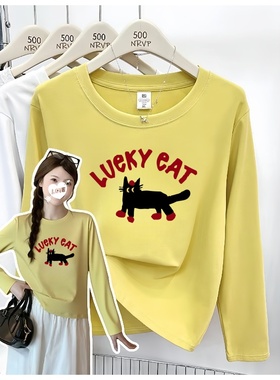 卡通风LUCKY CAT印花长袖T恤女黄色小猫图案圆领简约百搭时尚上衣