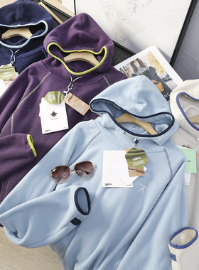 华子家 男女同款户外保暖撞色连帽抓绒衣运动休闲摇粒绒卫衣45494