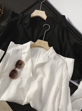 华子家 松弛感亚麻V领宽松衬衫连衣裙女设计感大口袋防晒衫42393