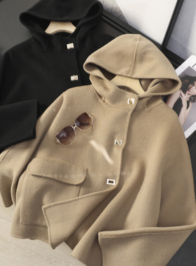 华子家 双面呢羊绒大衣女秋冬复古连帽宽松a字斗篷毛呢外套45017