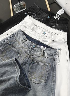 华子家 美式复古弯刀牛仔裤女春季重工刺绣高腰宽松阔腿长裤45865