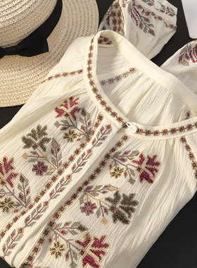 华子家 波西米亚风重工刺绣宽松圆领长袖衬衫女2026夏季新款48548