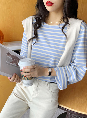 华子家 条纹长袖t恤女2025秋季新款休闲宽松显瘦圆领打底衫44258