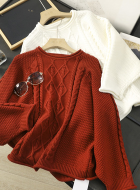 华子家 复古绞花圆领针织衫女2025秋冬新款圣诞红色套头毛衣45410