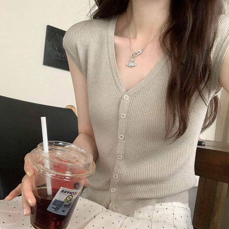 冰丝V领短袖针织开衫女修身上衣