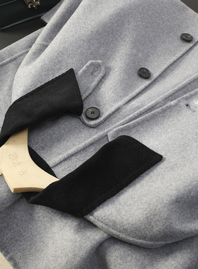 华子家 格雷系学院风撞色灯芯绒翻领双面呢羊毛大衣毛呢外套45073