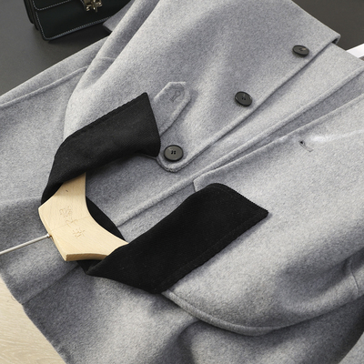 撞色灯芯绒翻领双面呢羊毛大衣女