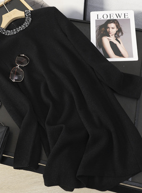 华子家 铜氨丝绵羊毛混纺镶钻圆领针织连衣裙女2025秋冬新款45157