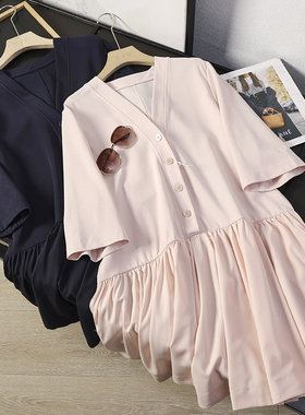 华子家 设计感针织拼接七分袖V领连衣裙短裙女2026春季新款45952